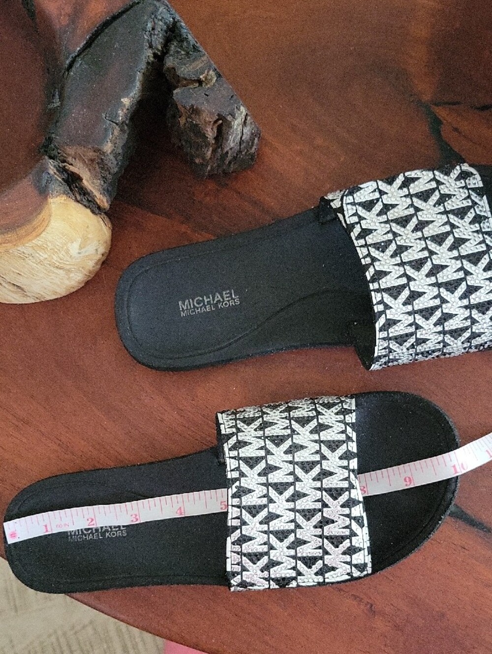 Michael Kors Black Slide Sandals with White MK Logo Strap - Picture 8 of 11